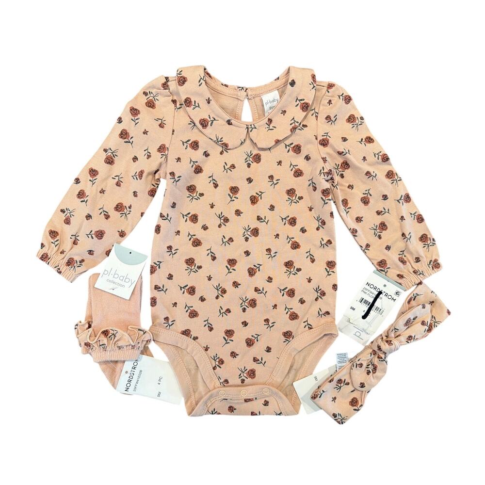 NWT PL Baby 3-Piece Floral Outfit Set, Bodysuit, Headband, Socks, Pink, 9 Months